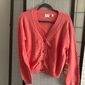 Cyrus Coral Cable Knit V-Neck Button-Up Cardigan